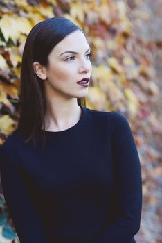 Beautiful young woman, model of fashion, wearing black dress in urban background with autumn colors. Very straight hair styling