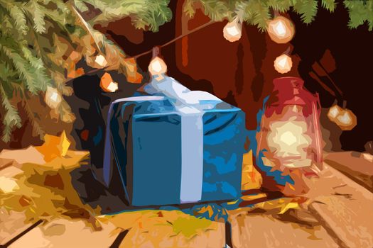 Christmas card with gifts, Christmas tree