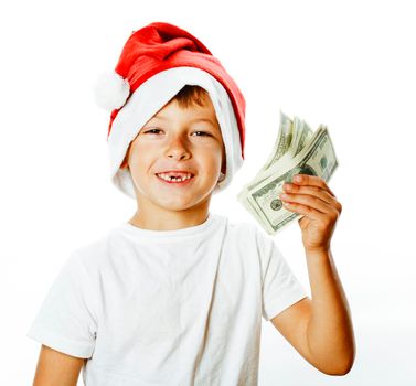 little cute boy in santas red hat isolated with cash american dollars thumbs up closeup