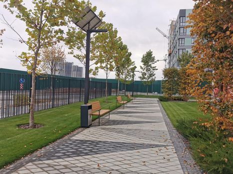 The Stone walk path in the park with green grass background