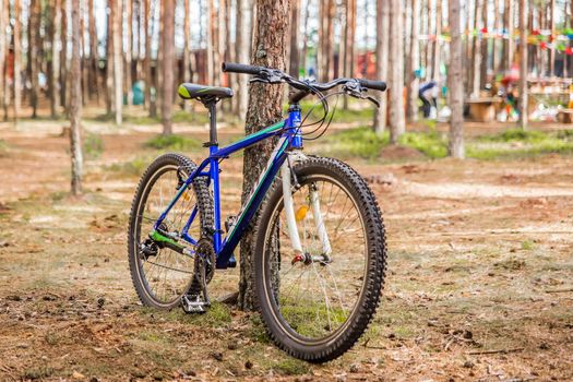 Belarus, Minsk Region - June 29, 2019: A blue bicycle without a man stands by a tree on a background of forest nature.