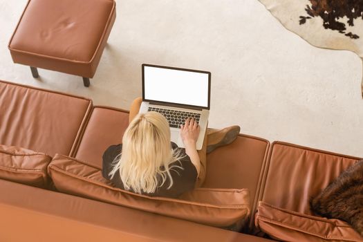 Rear view of business woman hands busy using laptop at office desk, with copyspace.