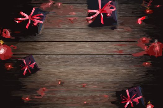 Christmas background with gifts. Xmas boxes with bows and place for text. Illustration.