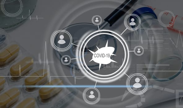 virtual illustration of covid. Doctor holding antiviral drugs, anti-viral drug against COVID-19 virus or coronavirus and modern virtual screen interface icons.