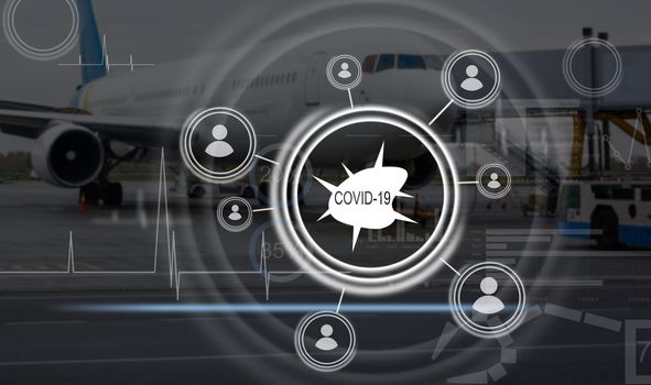 Digital illustration of a plane starting, with data processing, business and distribution during the Coronavirus Covid-19 pandemic