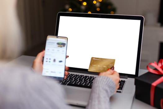 woman shopping online. Empty laptop screen template