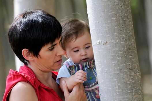 Mother and daughter in the forest