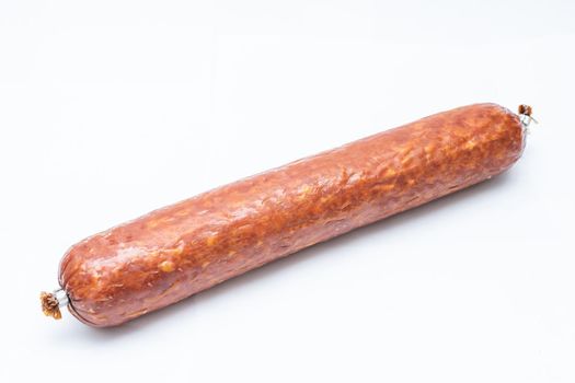Smoked sausage. Top view. Isolated on a white.