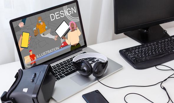 Workplace with laptop on table at home web designer or artist. Concept of a freelance and creative work online