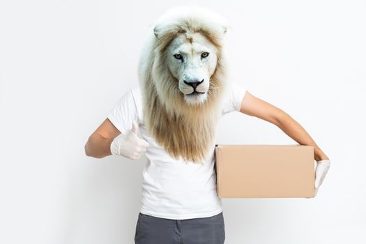 man with head of lion holding delivery boxes on white background