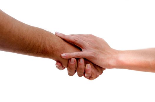 Hand shake between a man and a woman isolated on white