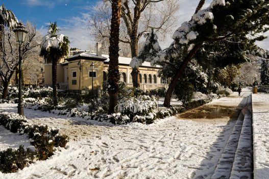 Snow storm with slush on sidewalks. Granada, Andalusia, Spain