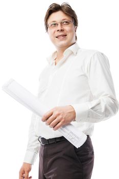 Contractor wearing suit holding blueprints and smiling isolated