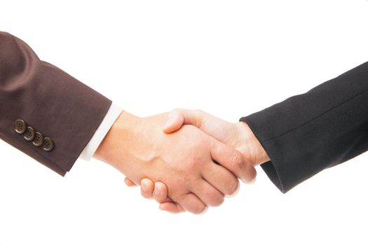 Handshake of two businessmen in dark suits, closeup, isolated on white background