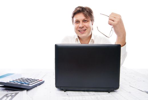 Portrait of smiling young office worker with laptop isolated on white