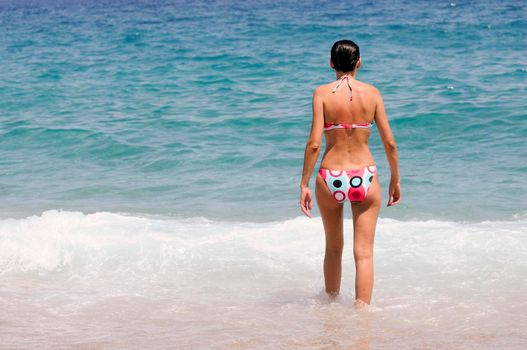 Sexy back of a beautiful woman in bikini on sea background. Sexy buttocks.