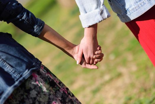 Two young women in walking holding her hands in urban park. Lifestyle concept. Rear view.