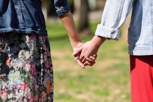 Two young women in walking holding her hands in urban park. Lifestyle concept. Rear view.