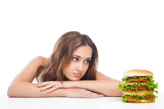 picture of healthy woman rejecting junk food isolated over white background