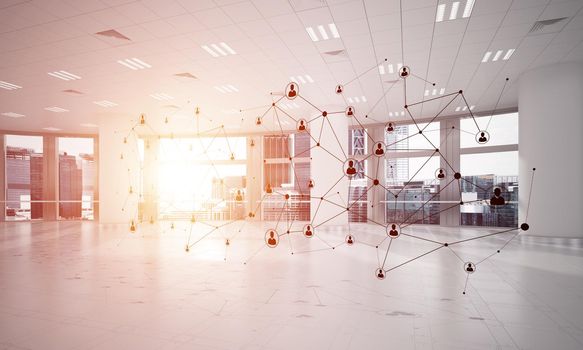 Lines connected with dots as social communication concept in office interior. 3D rendering