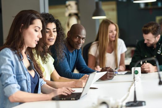 Five young people studying with laptop computer on white desk. Beautiful girls and guys working toghether wearing casual clothes. Multi-ethnic group.