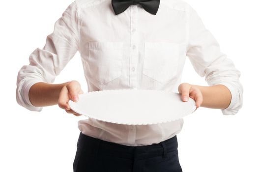 Unrecognizable young waitress holding white empty tray