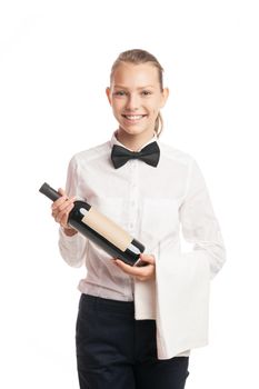 Portrait of beautiful smiling waitress holding bottle of wine