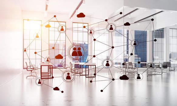 Lines connected with dots as social communication concept in office interior. 3D rendering
