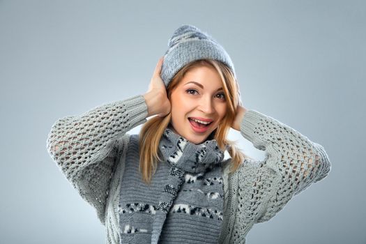 christmas girl, young beautiful smiling over blue background