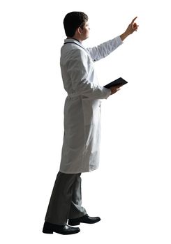 young doctor with a tablet computer, in a white medical coat and with a stethoscope