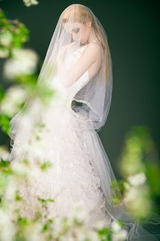 Silhouette of a beautiful thoughtful bride walking somewhere in the park