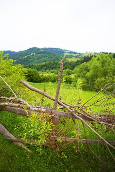 Wooden fence against the summer landscape in the Ukrainian Carpathian Mountains.