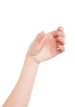 Beautiful woman hand holding invisible glass isolated on white background