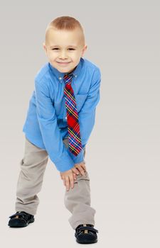 Cute little blonde boy in a Blue shirt and tie.On a gray background.