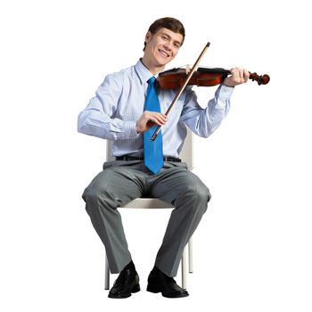 businessman on a chair with a violin, isolated over white background