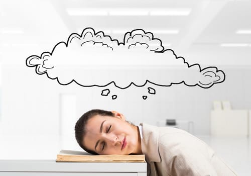 Exhausted business woman sleeping on desk. Tired corporate employee relaxing in office. Female worker in white suit dreaming. Speech bubble in shape of cloud above head. Deadline and overwork.