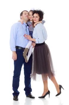 Happy young family, mom dad and little daughter.Parents keep the girl in her arms , and she hugs their neck.Isolated on white background.