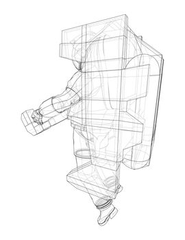 Astronaut concept. 3d illustration. Wire-frame or blueprint style