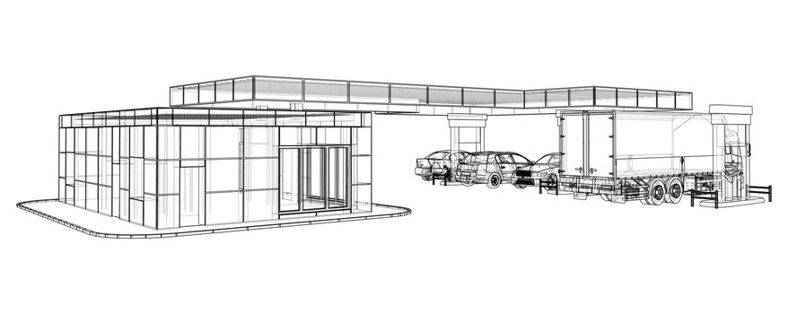 Electric Car Charging Station with Cars and Truck. 3d illustration