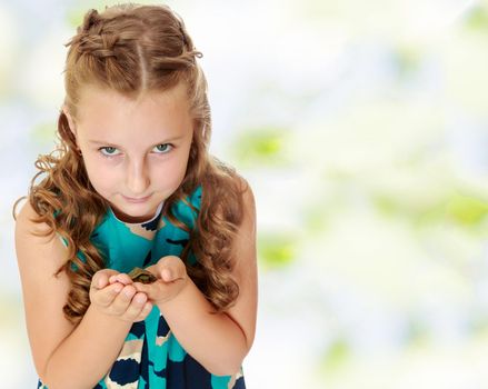 Summer white green blurred background.Beautiful little girl holding hands the little turtle. Close-up.