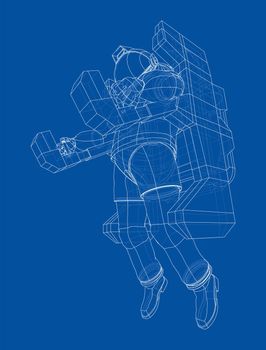 Astronaut concept. 3d illustration. Wire-frame or blueprint style