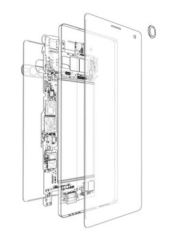 Disassembled smartphone concept outline. 3d illustration. Wire-frame style