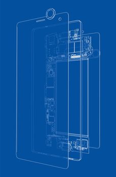 Disassembled smartphone concept outline. 3d illustration. Wire-frame style