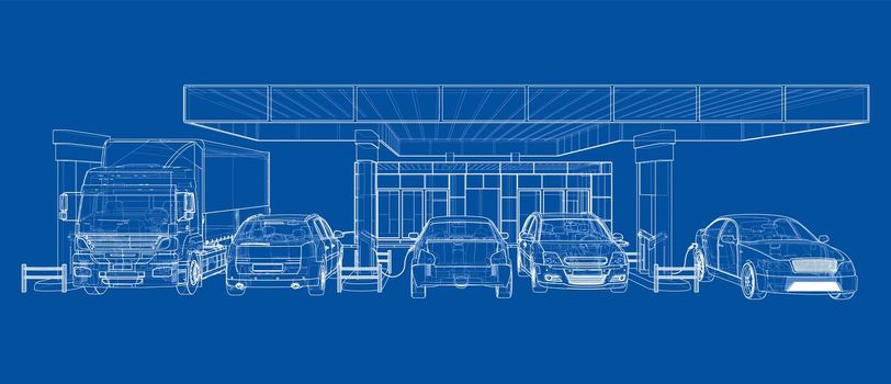 Electric Car Charging Station with Cars and Truck. 3d illustration