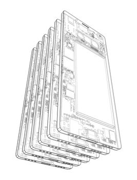 Smartphones concept outline. 3d illustration. Wire-frame style