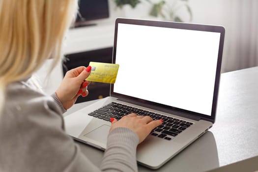 woman shopping online. Empty laptop screen template