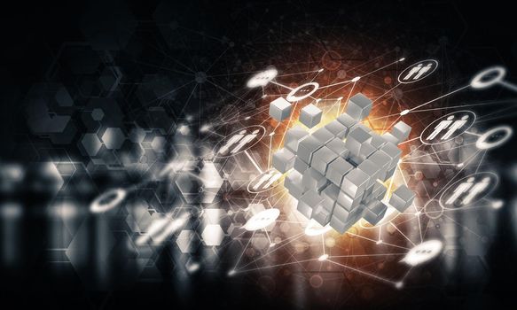 Conceptual background image with cube figure and social connection lines. 3d rendering