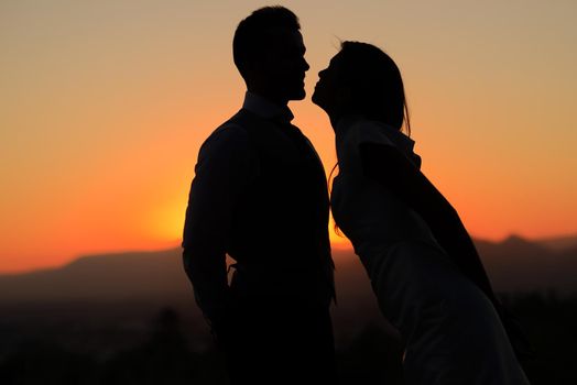 Just married couple kissing in the sunset