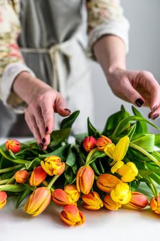 The concept of the florist's work. A girl makes a bouquet of yellow, orange and red Tulips. White background.