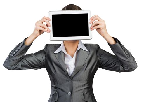 Portrait of woman covering her face with tablet computer. Businesswoman showing tablet PC with blank screen. Corporate businessperson isolated on white background. Digital technology layout.